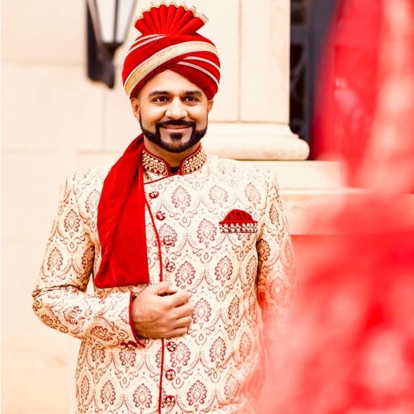 Ravishing Fawn Wedding Sherwani Gold jacquard w maroon red top - Picture 2 of 10